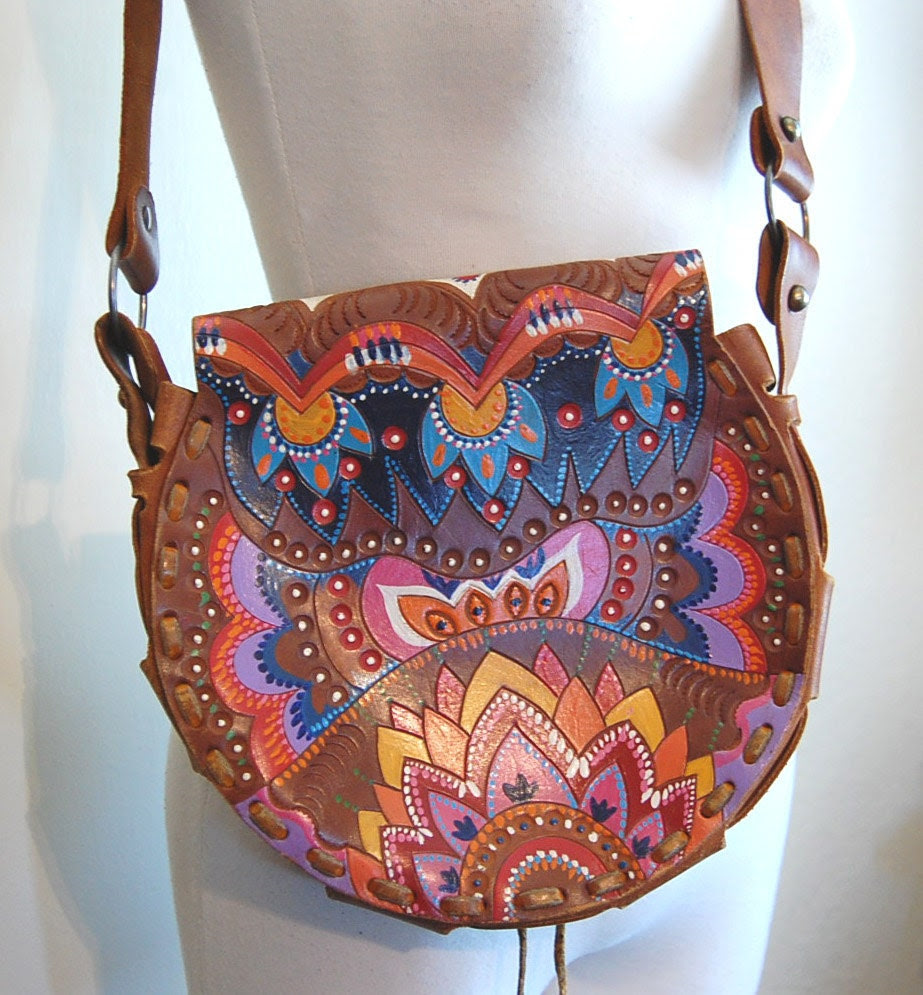 Incredible Hand Painted Tooled Leather 60s 70s Hippie Purse