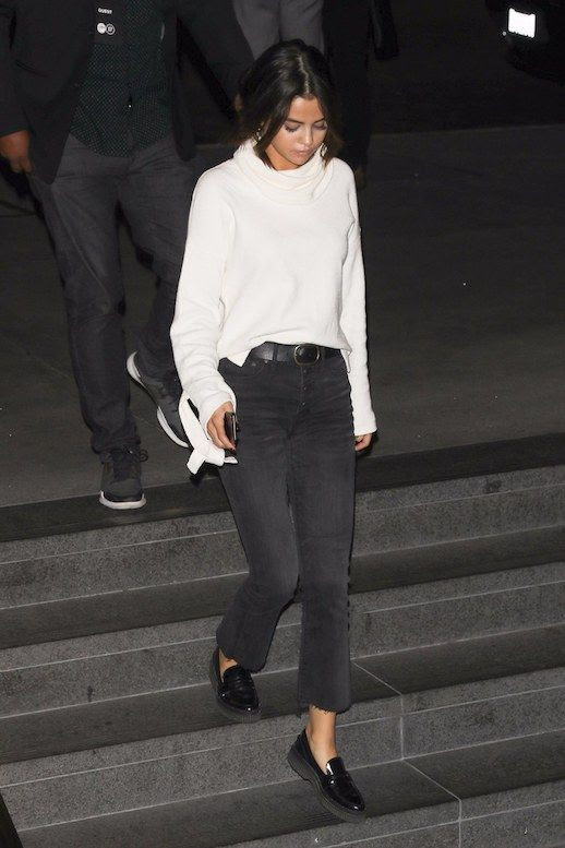 Le  Fashion  Blog  Selena  Gomez  Cowl  Neck  Sweater  Black  Skinny  Jeans  Patent  Leather  Loafers  Via  Vogue 