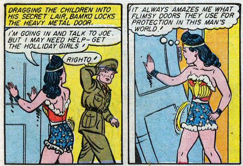 'I'll go get help, Wonder Woman!' 'Yes, and you need to change your underwear now too, Steve.' Sensation Comics #38