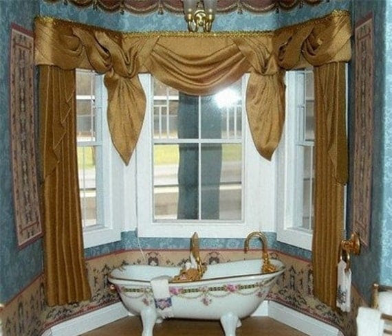 Dollhouse Miniature 1:12 scale Bay Window Gold curtains Drapes
