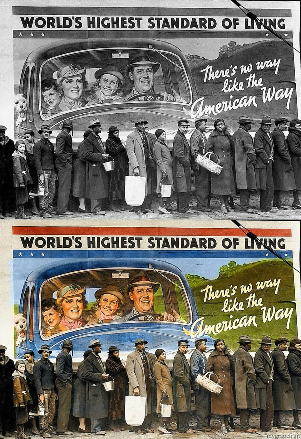 Ironic: Bourke-White's contentious shot taken at a Bread Line during the Louisville flood, Kentucky 1937, paints the picture that the American Dream was perhaps somewhat limited to who could achieve it (Original picture by Margaret Bourke-White, 1937)