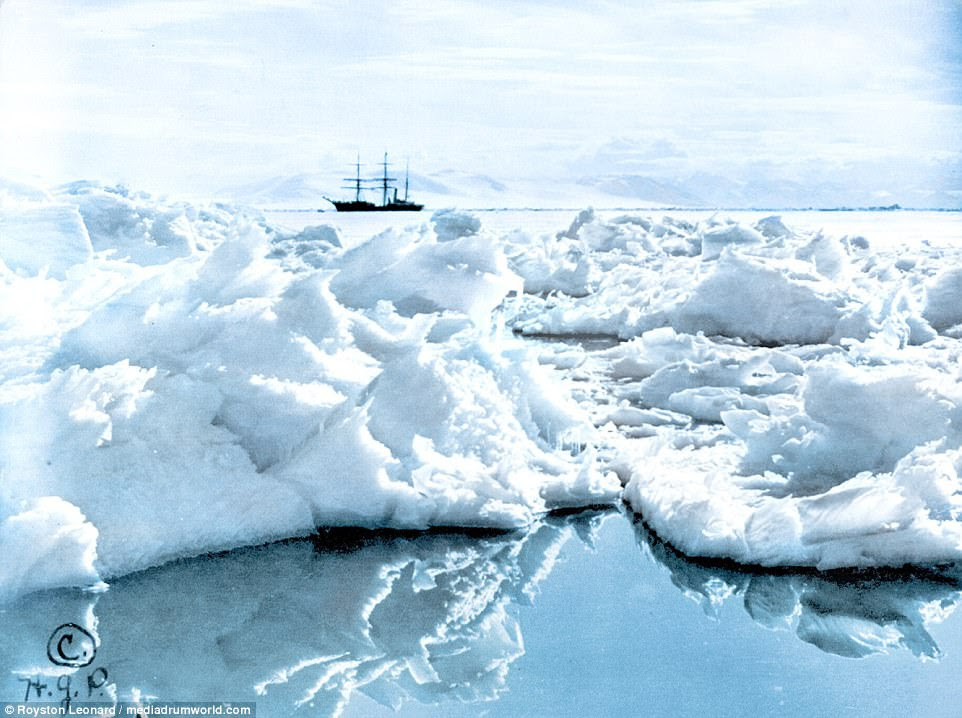 Scott's ship, the Terra Nova, is pictured behind a field of jagged ice in the Ross Dependency of Antarctica. The team of five reached the South Pole on January 1912, discovering plant fossils which broadened understanding of the icy continent. But all five were not to return after perishing on their return from the pole