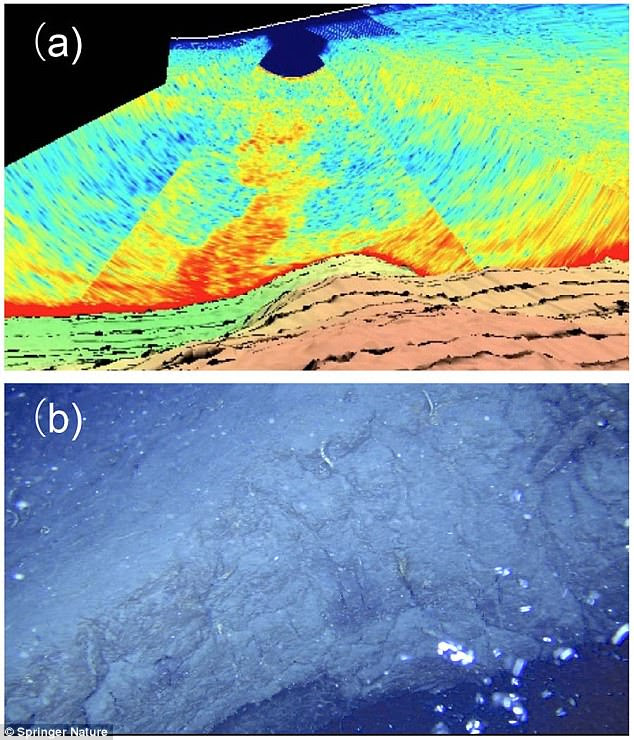 Researchers observed active gas bubbling, as well as super-heated water columns, near the caldera, supporting the idea that lava is building up underneath the dome. Pictured are a water column anomaly (a) and gas bubbling (b) at the dome surface