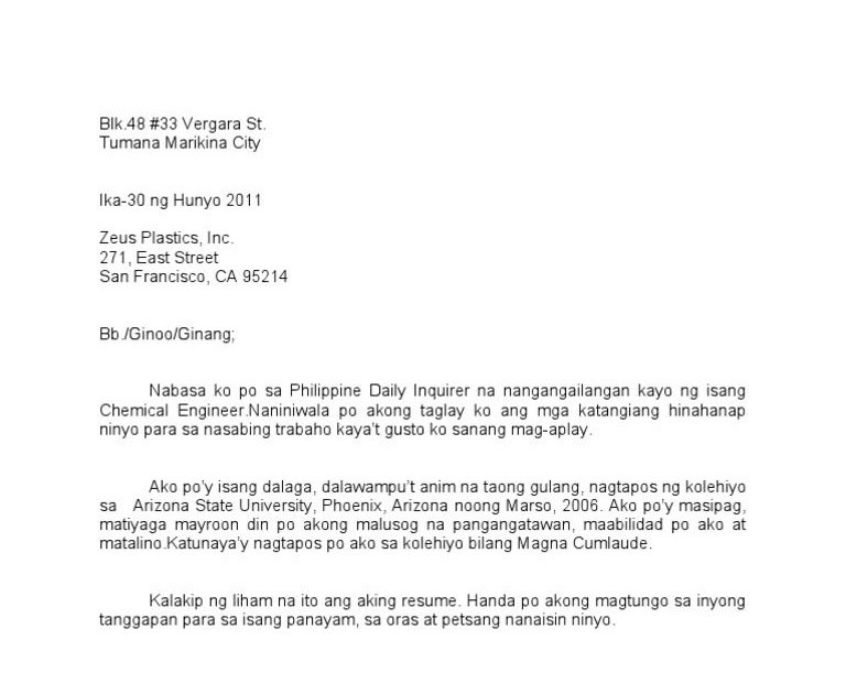 application letter tagalog trabaho