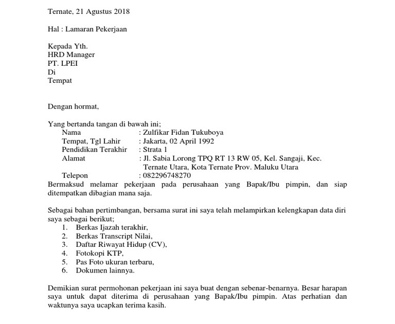 Contoh Surat Lamaran Kerja Untuk Dinas Satpol Pp