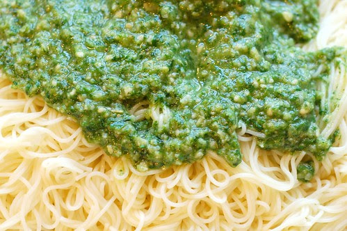 Cappellini with wild ramp pesto by Eve Fox, Garden of Eating blog, copyright 2011