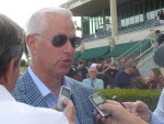 Todd Pletcher speaks with reporters following the Hal's Hope, Jan. 9, 2016-- photo by Barry Unterbrink