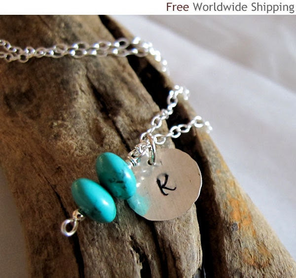 Turquoise Initial Necklace - Personalized Sterling Silver Disc Birthstones - Custom Jewelry, Hand stamped charm - NadinNecklaces