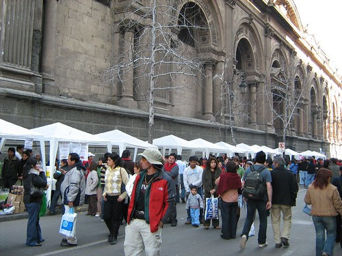 Food Stalls lined up next to the Santiago Metropolitan Cathedral