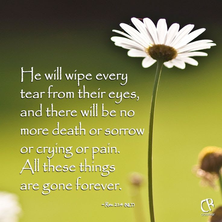 He will wipe every tear from their eyes, and there will be no more death or sorrow or crying or pain. All these things are gone forever. - Revelation 21:4 #NLT #Bible verse | CrossRiverMedia.com