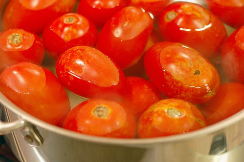 Blanching the tomatoes in batches by Eve Fox, Garden of Eating blog, copyright 2011