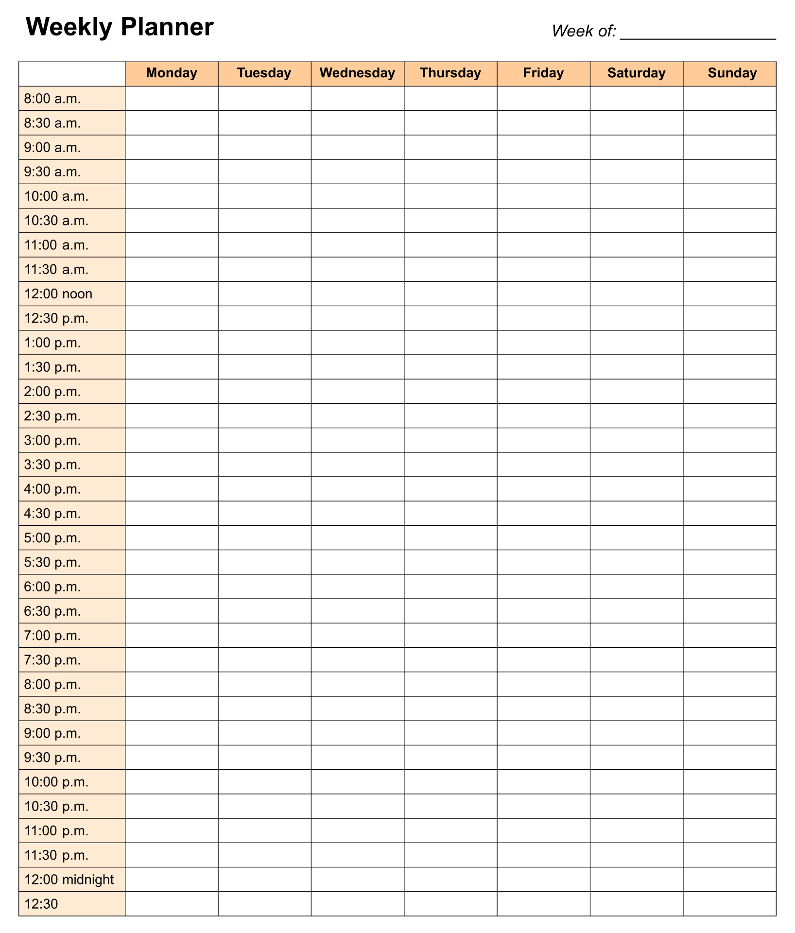 24 Hour Week Calendar Template