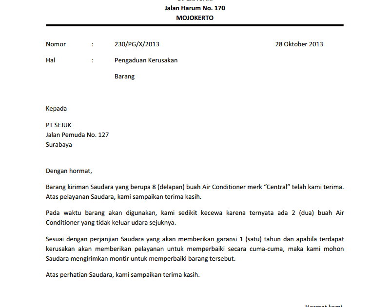 Contoh Surat Komplain Pelayanan Hotel