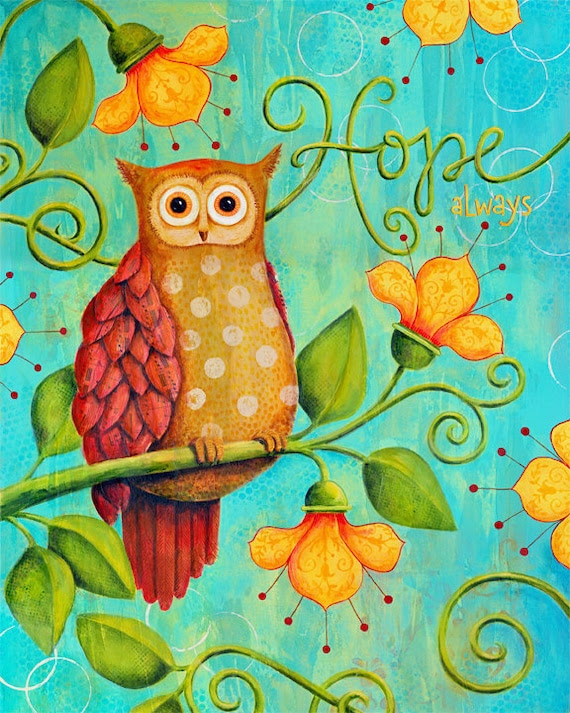 Hope Always Owl 8x10 Inspirational Mixed-Media Art Print