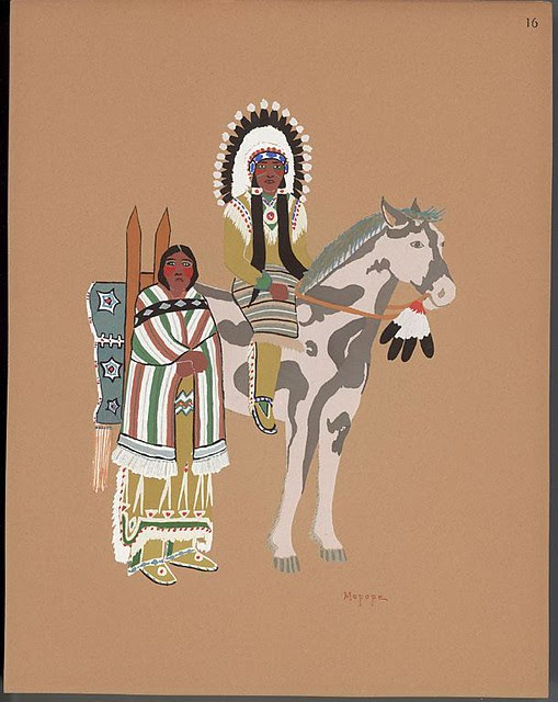 Kiowa warrior on horse and wife standing by : American Indian print, 1929 - Stephen Mopope