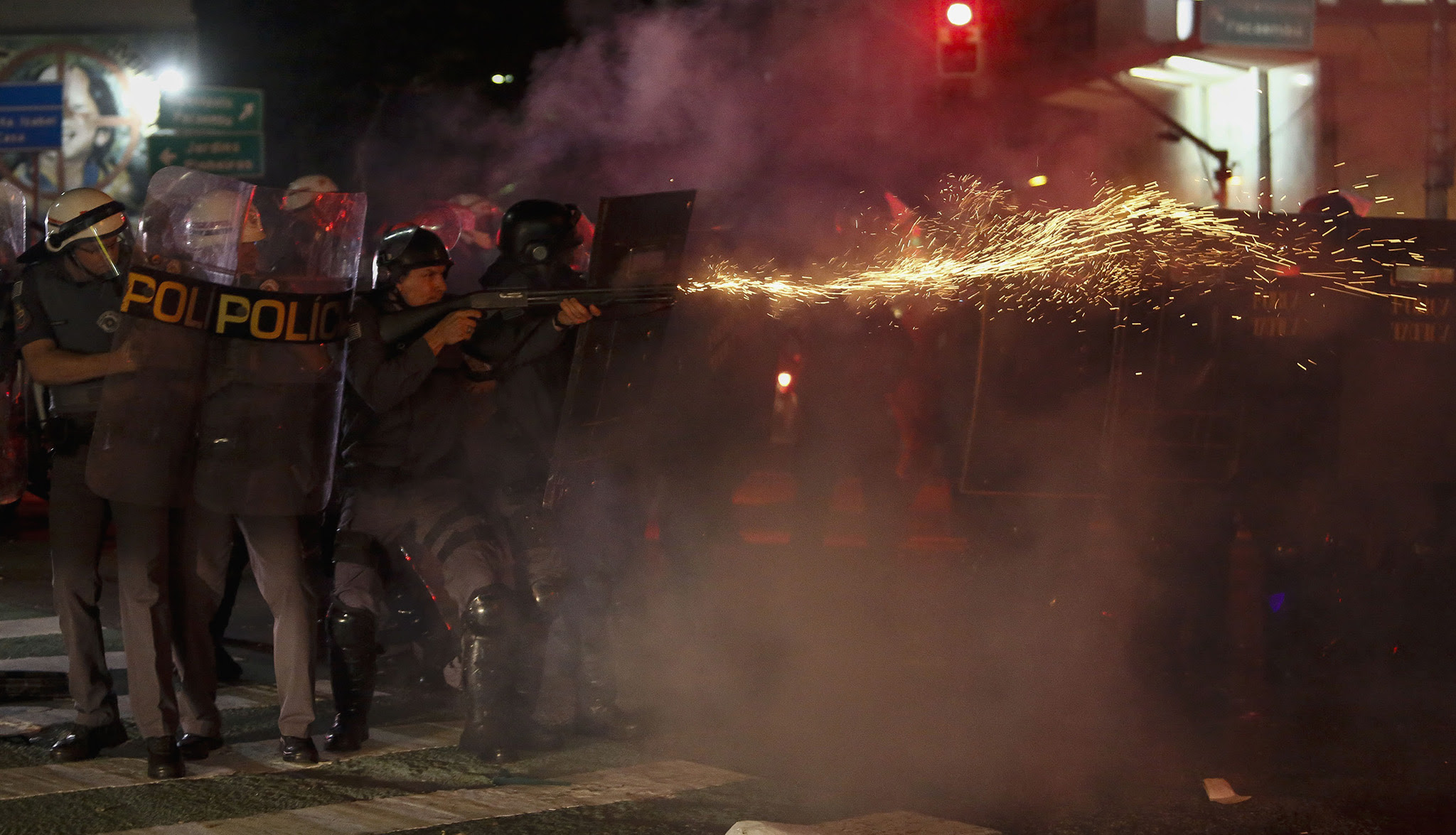 Riot police clash with supporters of Dilma Rousseff as they protest against new Brazilian President Michel Temer at the Paulista Avenue, in Sao Paulo, Brazil on August 31, 2016. Brazil's Dilma Rousseff was stripped of the country's presidency in an emotional impeachment vote Wednesday and replaced by conservative rival Michel Temer, who promised to heal Latin America's biggest economy. / AFP PHOTO / Miguel SCHINCARIOLMIGUEL SCHINCARIOL/AFP/Getty Images