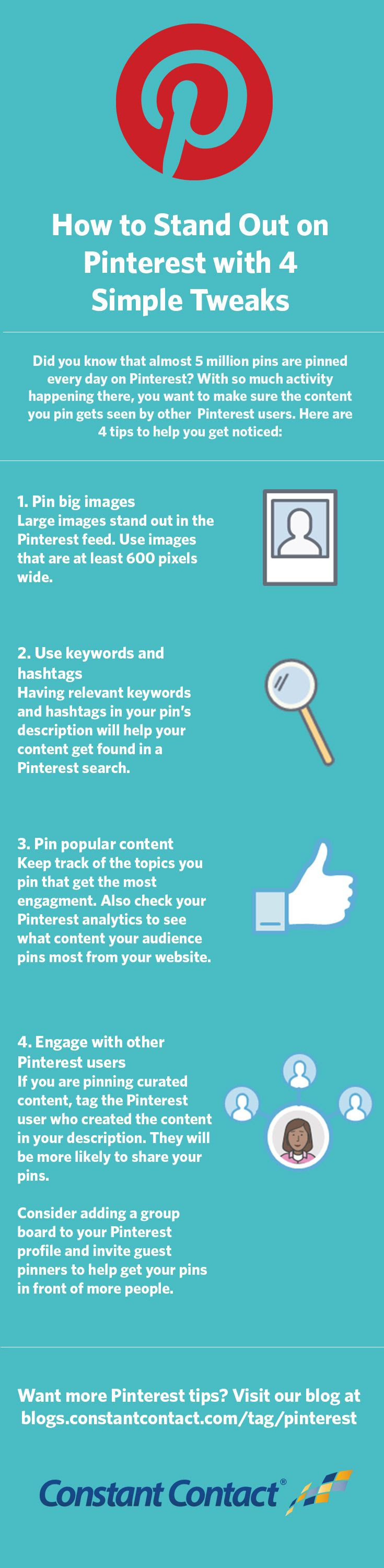 If you’re a Pinterest user, you know that pinning on Pinterest happens fast and furiously. How do you make your content stand out and get noticed? Here are 4 simple tweaks