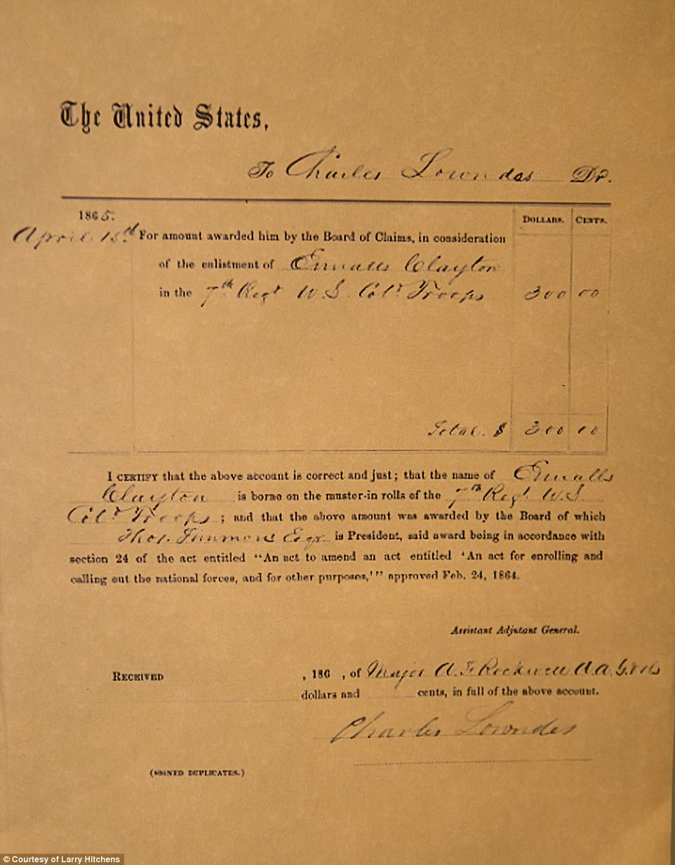 Pictured is the 'Certificate of Award of the Board of Claims' to Charles Lowndes. Because he allowed Ennels Clayton to enlist in the Union Army, Lowndes was compensated $300. The certificate is on display at the Historical Society of Talbot County Unionville Exhibit