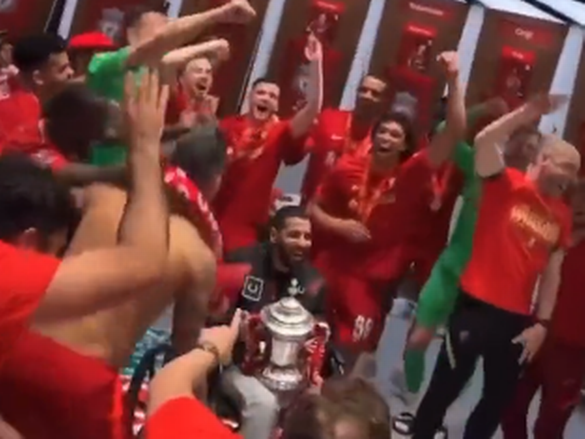 Mohamed Salah welcomes special guest to Liverpool dressing room after Chelsea FA Cup final win