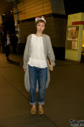 Girl in Cowhide Clogs, Jeans & Scarf Hair Bow in Tokyo