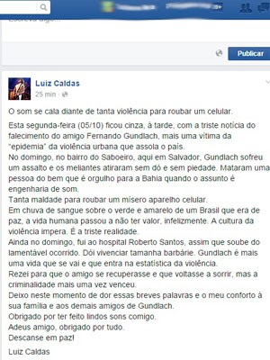 Luiz Caldas lamenta morte do técnico em som José Fernando Álvares Gundlach (Foto: Reprodução/Facebook)
