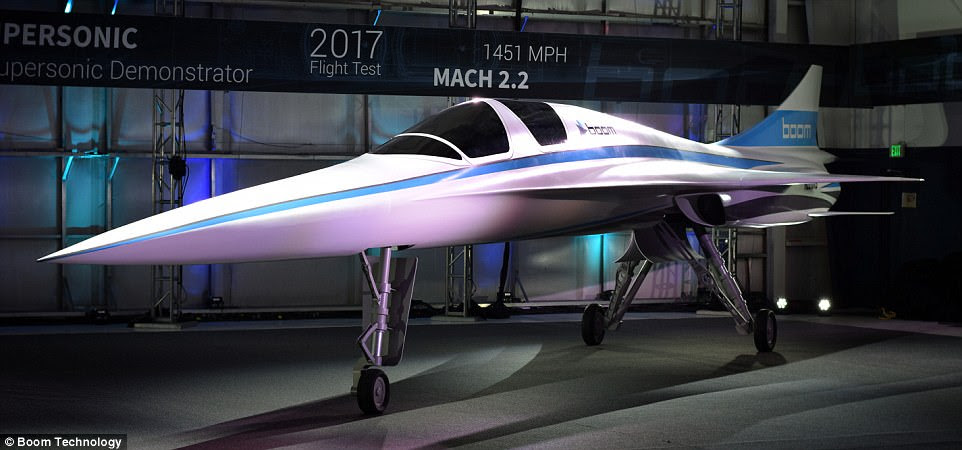 The firm has previously revealed that initial test flights for its 1,451mph (2,330kph) aircraft, nicknamed the 'baby boom' (pictured) will begin by the end of 2018