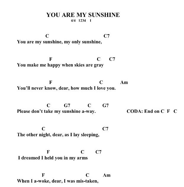 You Are My Sunshine Ukulele Strumming Pattern verse 2 am c he talks about you in his sleep. you are my sunshine ukulele strumming