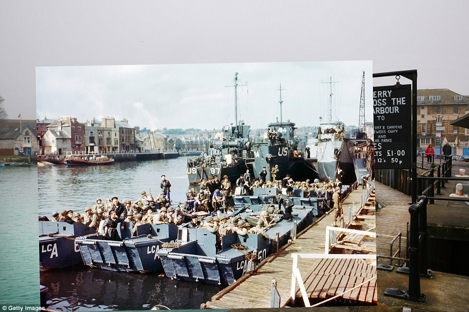  Weymouth Harbour, England: 1944:  Boats full of United States troops waiting to leave the harbor to take part in Operation Overlord in Normandy. 2014: A view of the quiet harbor