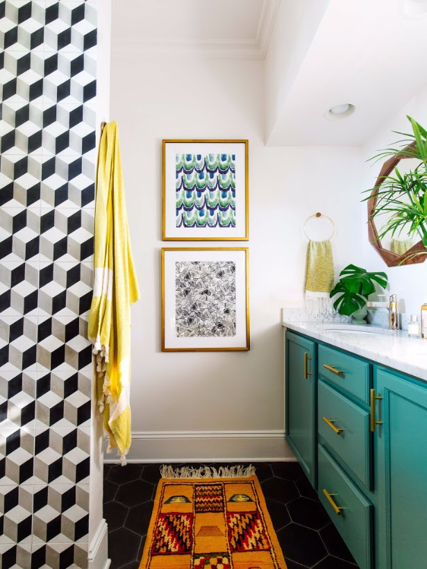 Vintage Bathroom Decor With Bold Colors and Geometric Shapes