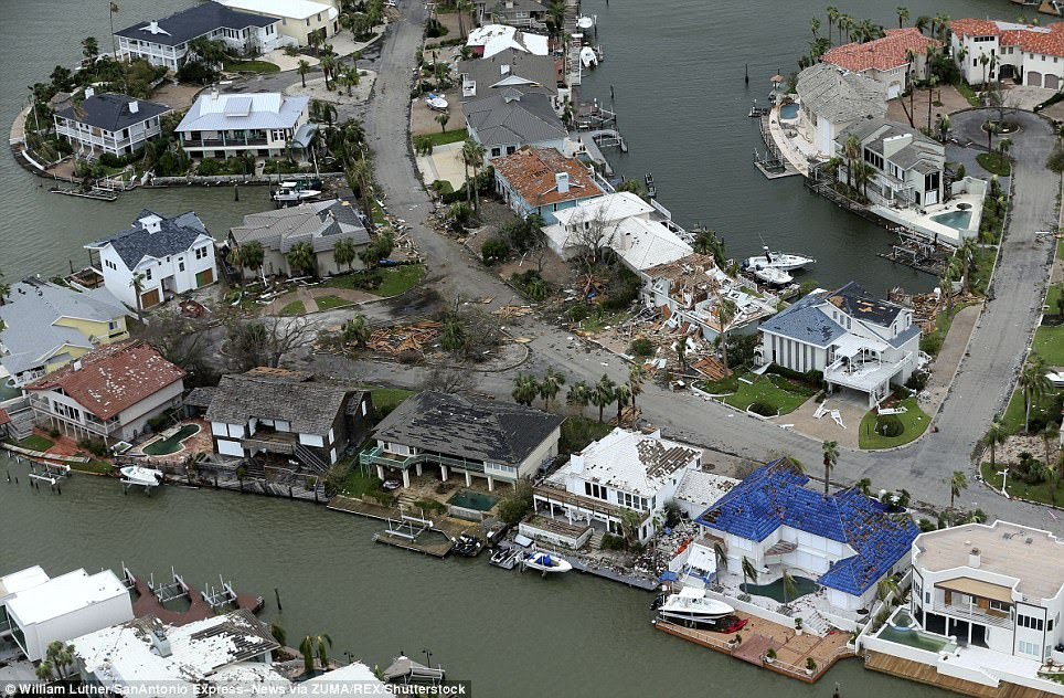 Rockport, Texas, shows the devastation if Hurricane Harvey after the town was battered by 130mph winds