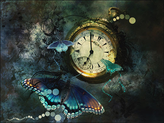Ilustración surrealista con mariposas y un reloj antiguo (Título: 'Wings of Time - One', Autor: 'Selenart')