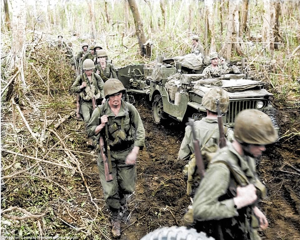 Pictured, men of the US First Marines Division at Cape Gloucester, New Britain, Bismarck Archipelago, late December 1943