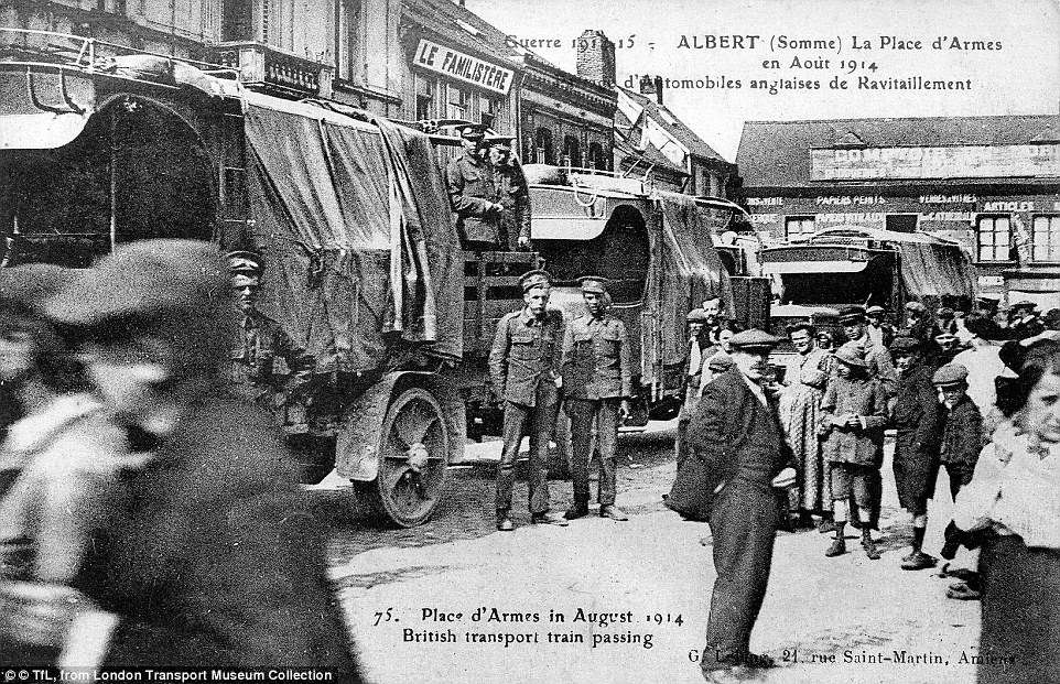 Junction: A photograph taken in August 1914 of a British transport convoy passing through Albert in France, one of the key locations in the Battle of the Somme, which was fought between July and November 1916