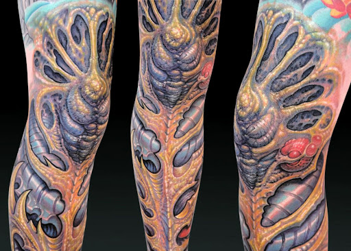 Array of biomechanical tattoos merging machinery, robotics, and organic anatomy to create intricate designs that appear to blend seamlessly with the human body.