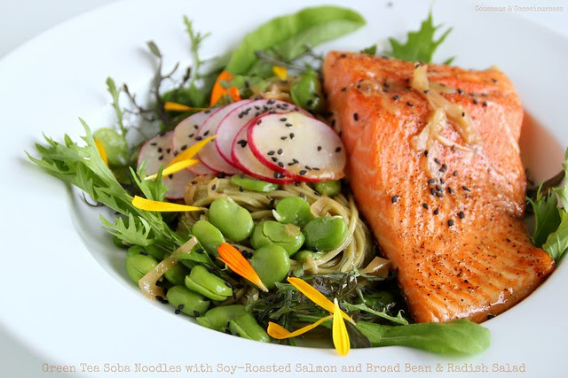 Green Tea Soba Noodles with Soy-Roasted Salmon and Broad Bean & Radish Salad 1