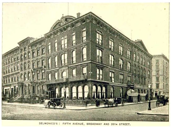 This photo of Delmonico's was published in the King's Handbook of New York City in 1892 -- two years before the brick and brownstone buildings to its left were demolished to make way for the new office building at 208 Fifth Avenue.