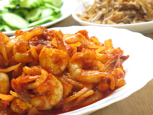 Sambal Udang (Chili shrimps) and Nasi Lemak