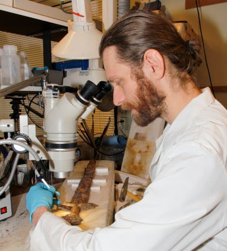 Vegard Vike mentre esamina la spada (Foto: Ellen C. Holthe, Museo di Storia Culturale, Università di Oslo)
