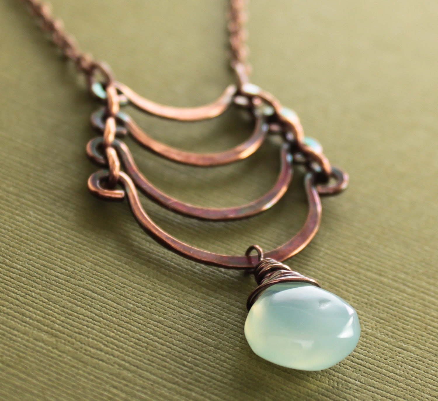 Egyptian copper necklace with cascade and light seafoam chalcedony briolette dangle