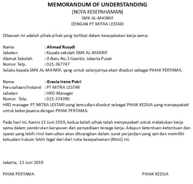 Contoh Mou Sekolah Dengan Dunia Usaha Barisan Contoh