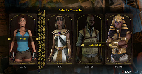 Lara Croft and the Temple of Osiris characters - Lara Croft, Isis, Carter Bell, and Horus