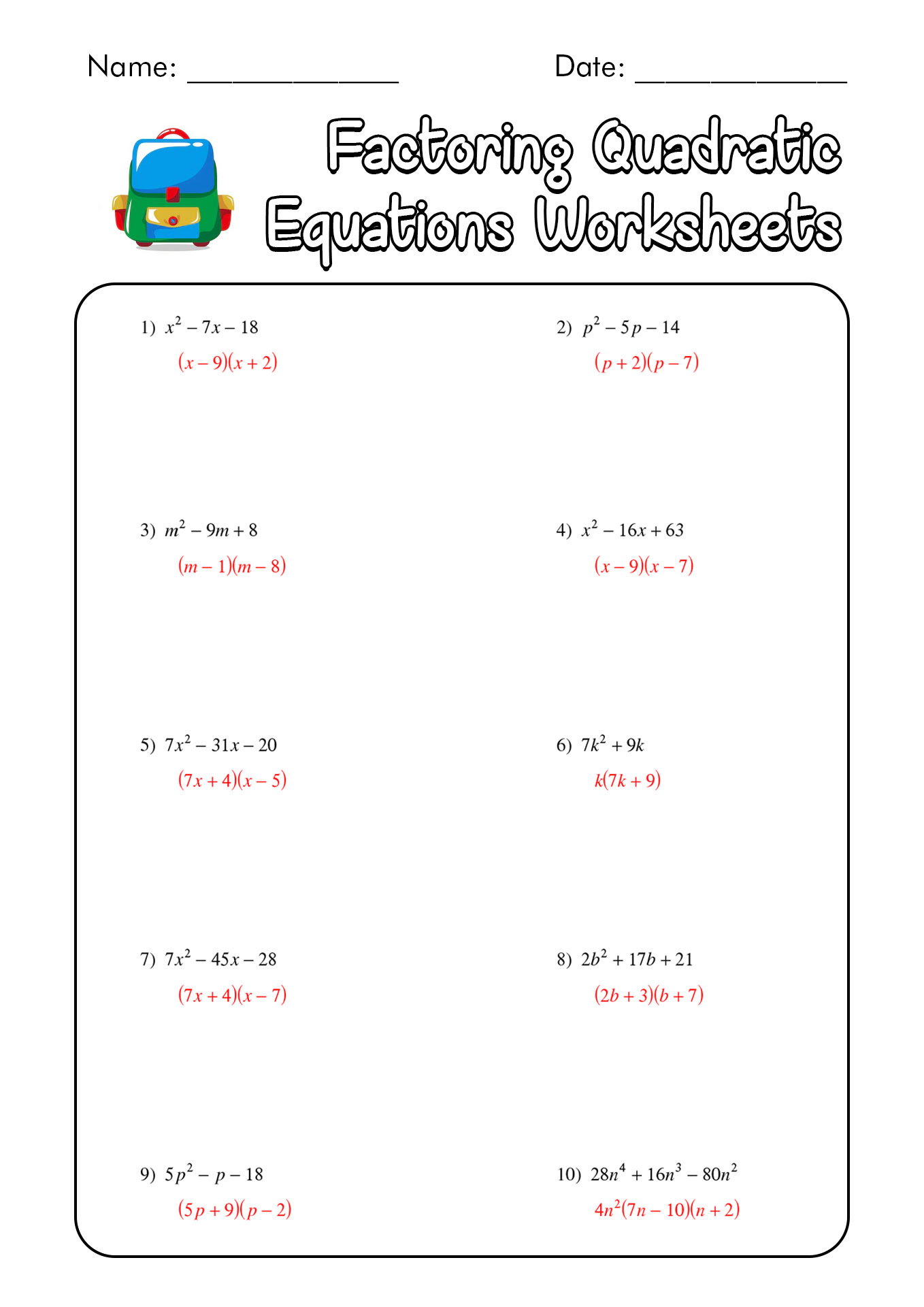 Factoring Practice Worksheet Answers - Promotiontablecovers Regarding Factoring Practice Worksheet Answers