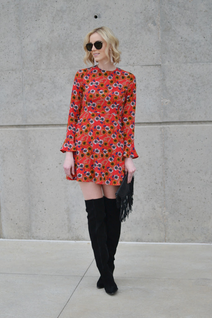 WAYF floral dress with tie back detail, OTK boots 2