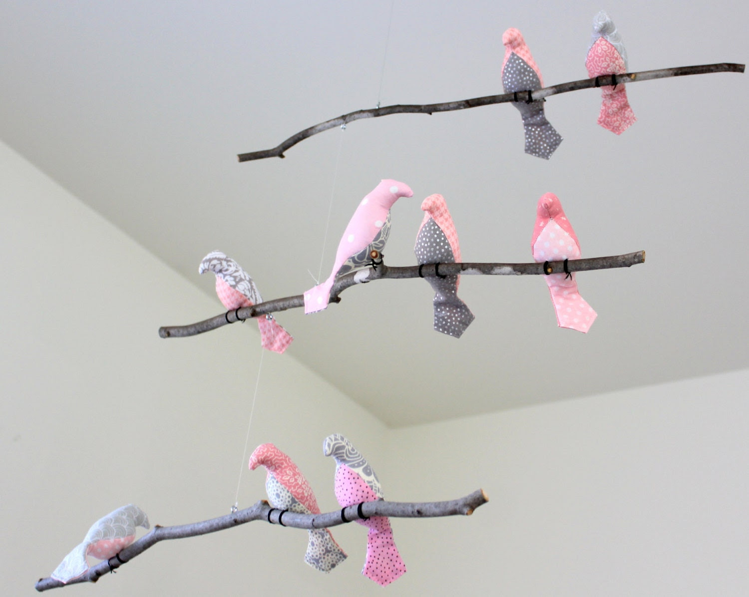 Bird Hanging Mobile- Pink / Gray Birds - Made to order - SewnBuddies Bird Hanging Mobile- Pink / Gray Birds - Made to order - SewnBuddies