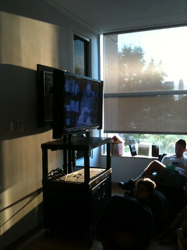 Ashbery reading on the monitor