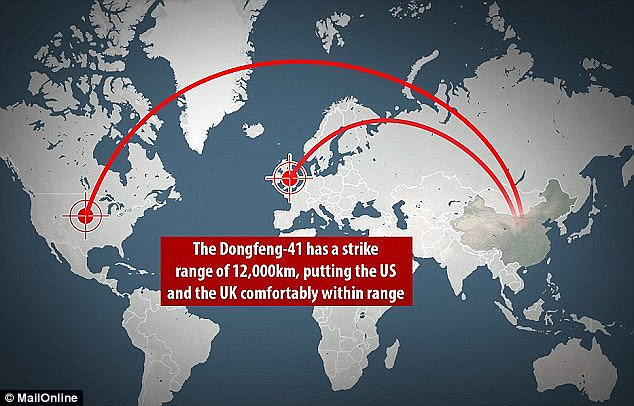 If it develops a salted bomb, China could load it into one of its Dongfeng-41 missiles, a long-range device with a range of 7,500 miles (12,000km) - long enough to hit the UK and the United States - expected to enter China's arsenal later this year 