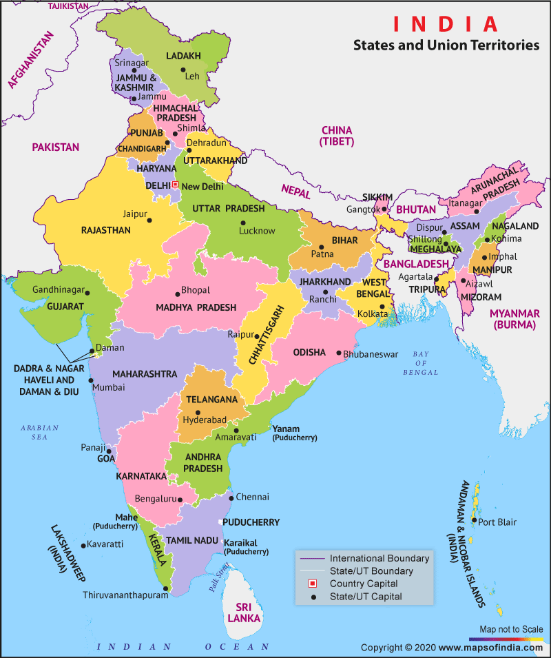 India political map states, capitals and neighbouring countries.