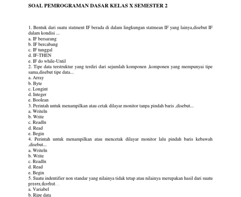 Contoh Soal Pemrograman Dasar Kelas 10 Semester 2 Dan Jawabannya Download File Guru