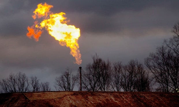 Gas flare at a fracking site.