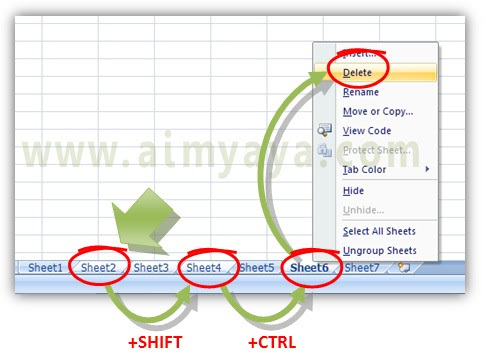 Gambar: Cara menghapus beberapa  worksheet microsoft Excel sekaligus